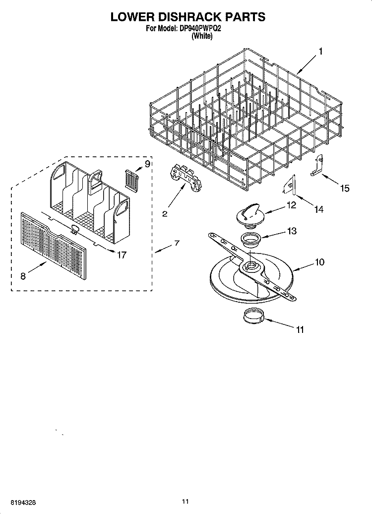 LOWER DISHRACK PARTS, OPTIONAL PARTS (NOT INCLUDED) Diagram and Parts List for DP940PWPQ2  Whirlpool Dishwasher