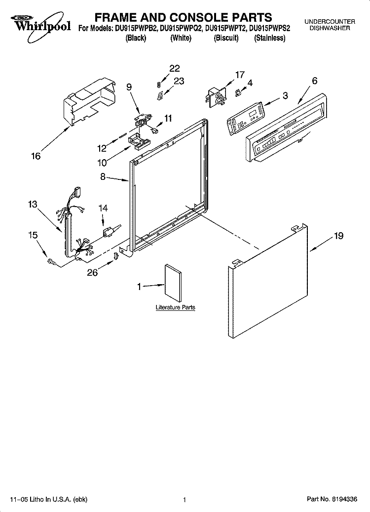 FRAME AND CONSOLE PARTS Diagram and Parts List for DU915PWPT2  Whirlpool Dishwasher