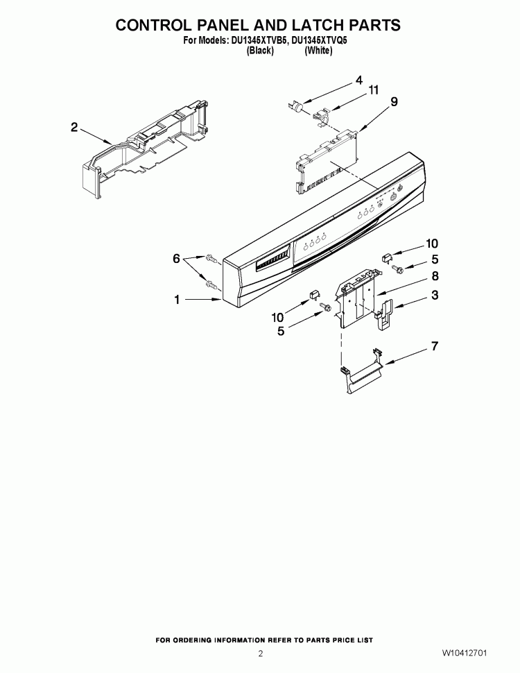 CONTROL PANEL AND LATCH PARTS Diagram and Parts List for DU1345XTVB5  Whirlpool Dishwasher
