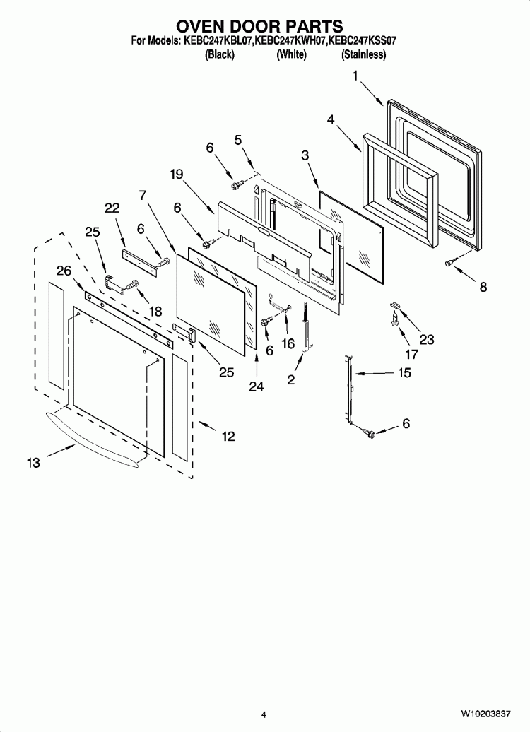 OVEN DOOR PARTS Diagram and Parts List for KEBC247KSS07  KitchenAid Wall Oven