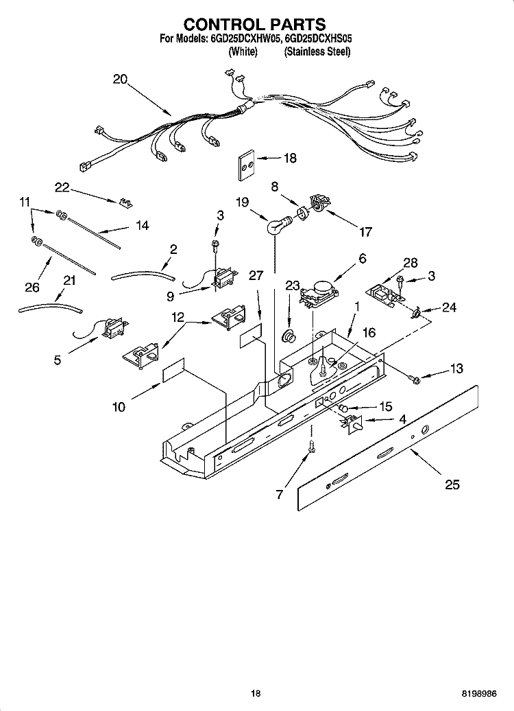 CONTROL PARTS Diagram and Parts List for 6GD25DCXHS05  Whirlpool Refrigerator