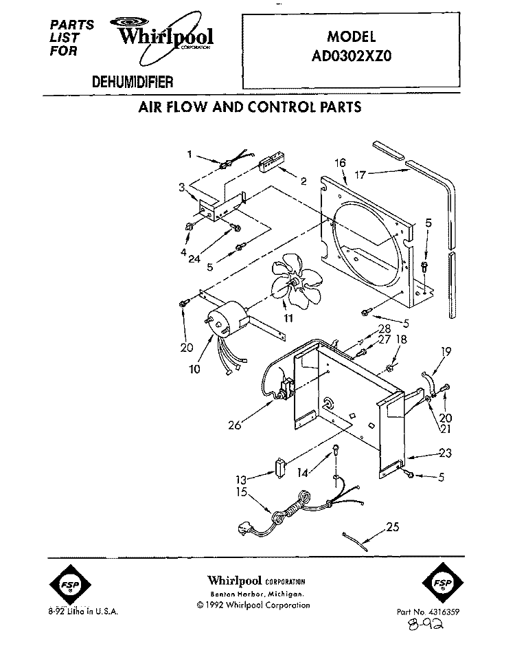 AIR FLOW AND CONTROL Diagram and Parts List for AD0302XZ0  Whirlpool Dehumidifier
