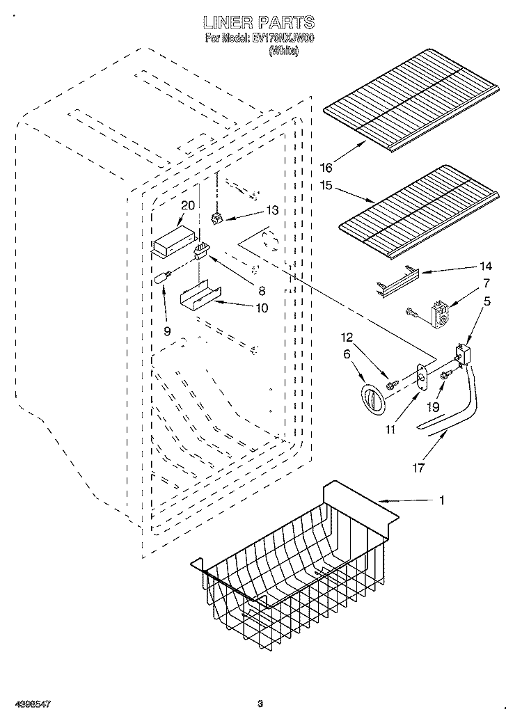 LINER Diagram and Parts List for EV170NXJW00  Whirlpool Freezer