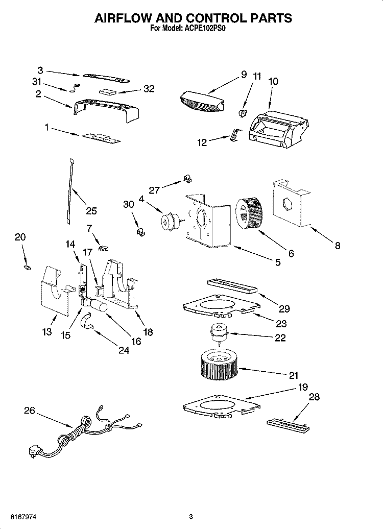 AIR FLOW AND CONTROL PARTS Diagram and Parts List for ACPE102PS0  Whirlpool Air Conditioner