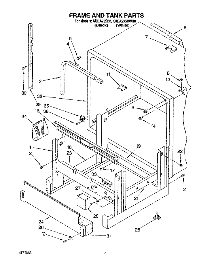 FRAME AND TANK Diagram and Parts List for KUDA23SB0  KitchenAid Dishwasher