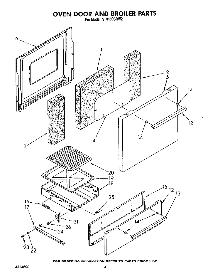 OVEN DOOR AND BROILER Diagram and Parts List for SF0100SRW2  Whirlpool Range