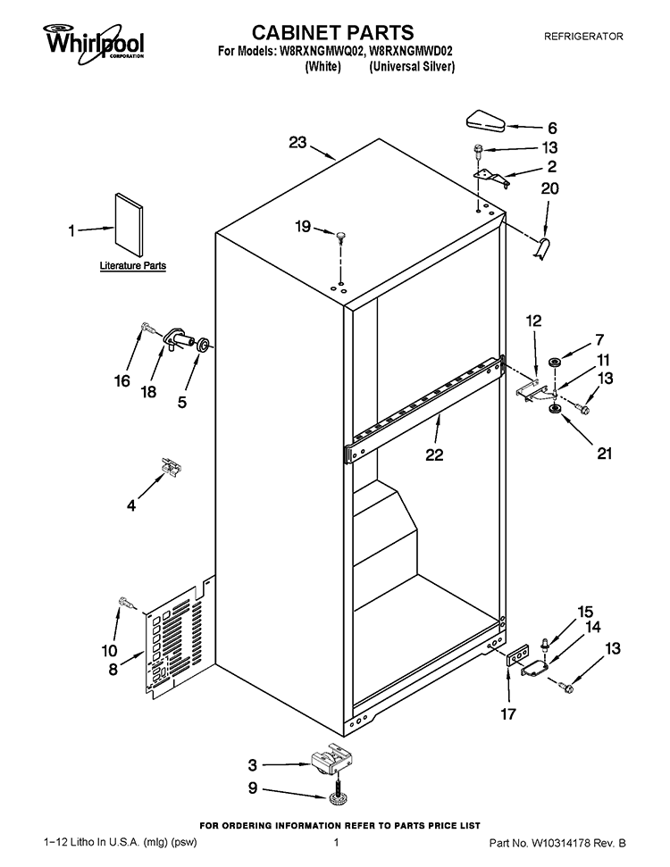 CABINET PARTS Diagram and Parts List for W8RXNGMWD02  Whirlpool Refrigerator