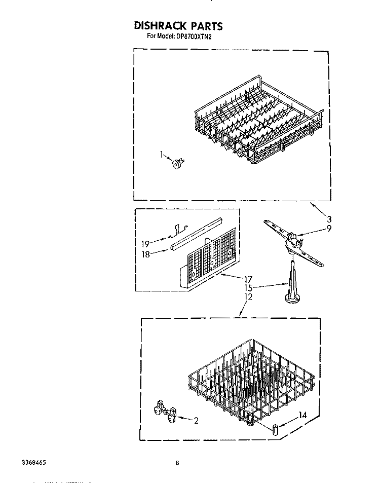 DISHRACK Diagram and Parts List for DP8700XTN2  Whirlpool Dishwasher