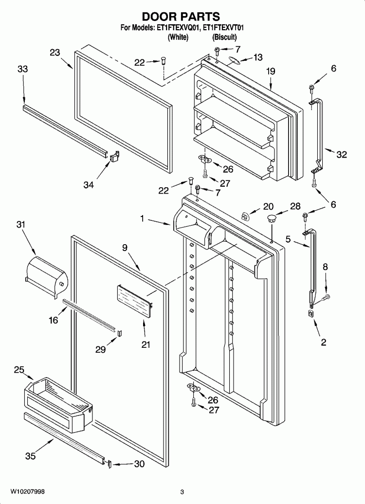DOOR PARTS Diagram and Parts List for ET1FTEXVQ01  Whirlpool Refrigerator
