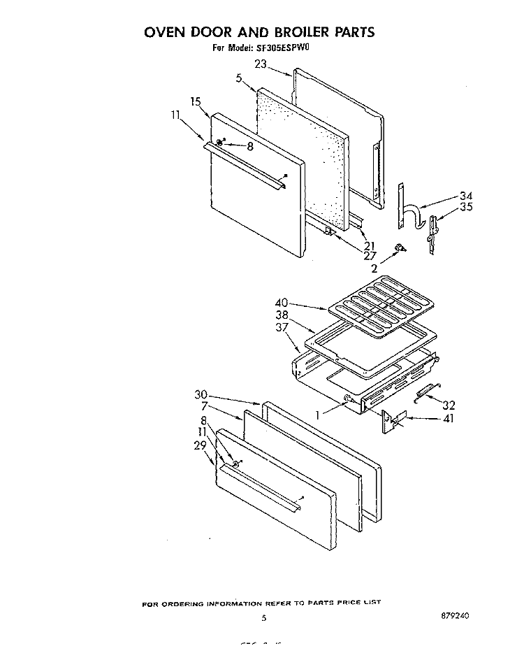 OVEN DOOR AND BROILER Diagram and Parts List for SF305ESPW0  Whirlpool Range