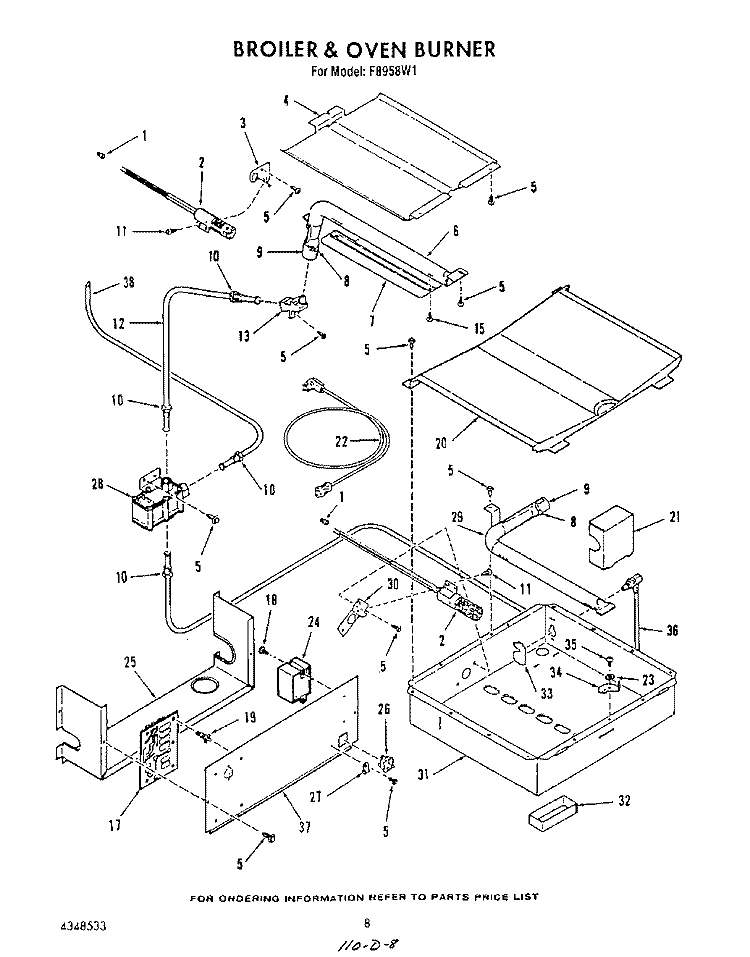 BROILER AND OVEN BURNER Diagram and Parts List for F8958W1  Roper Range