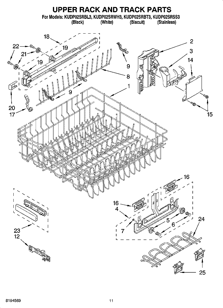 UPPER RACK AND TRACK PARTS Diagram and Parts List for KUDP02SRBL3  KitchenAid Dishwasher