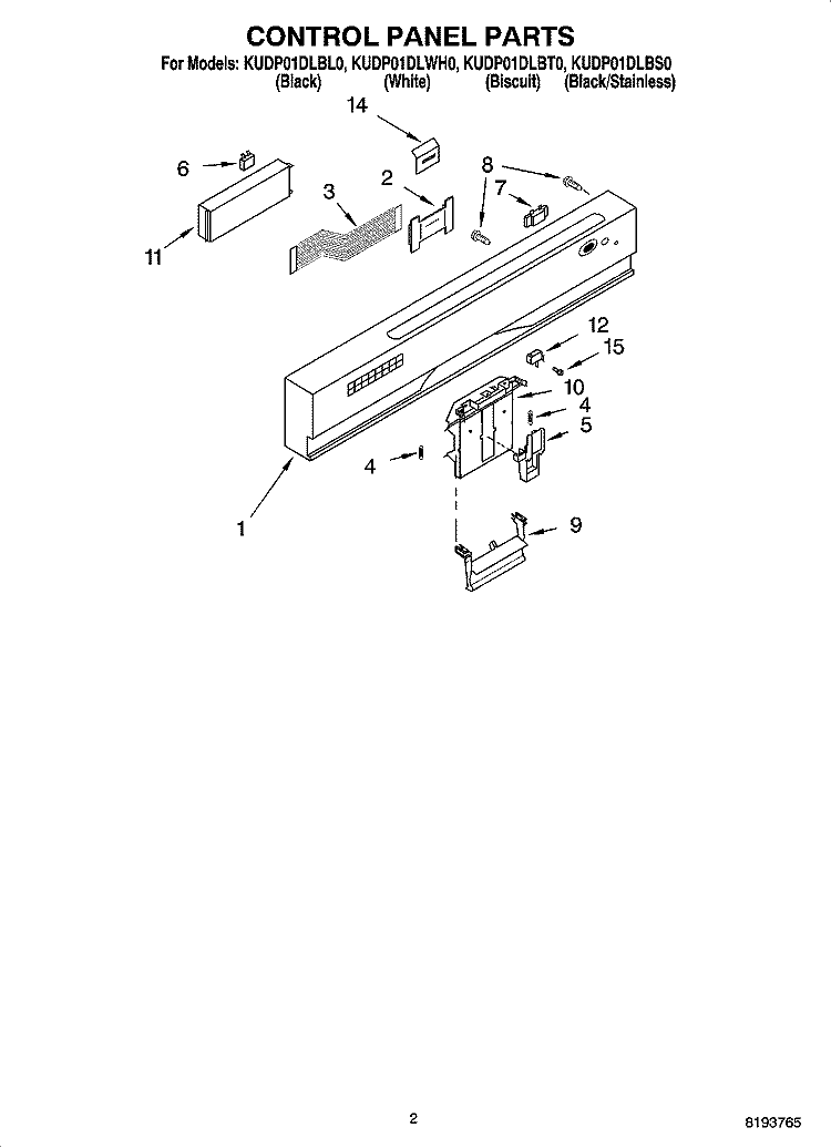 CONTROL PANEL PARTS Diagram and Parts List for KUDP01DLBS0  KitchenAid Dishwasher