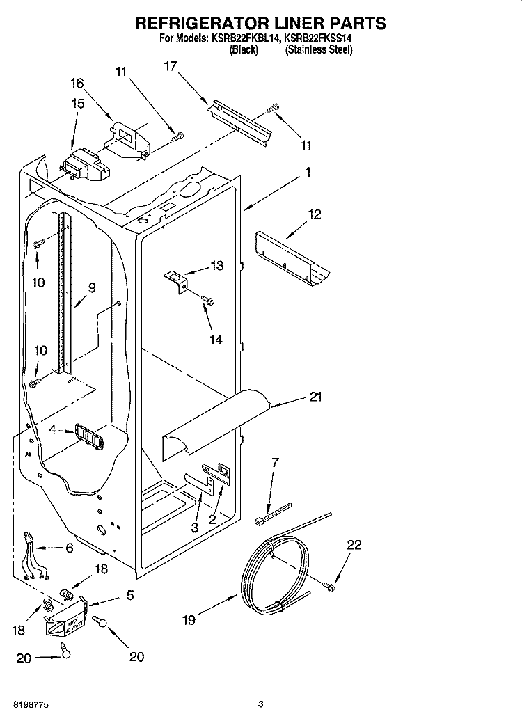 REFRIGERATOR LINER PARTS Diagram and Parts List for KSRB22FKSS14  KitchenAid Refrigerator