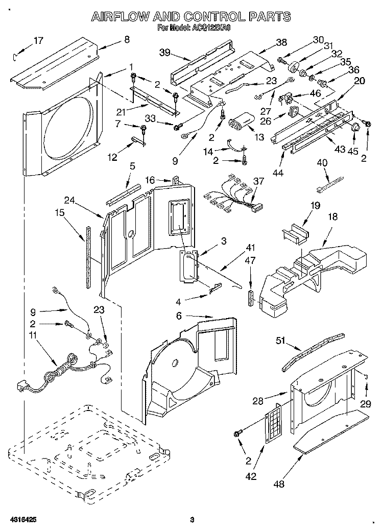 AIRFLOW AND CONTROL Diagram and Parts List for ACQ122XA0  Whirlpool Air Conditioner