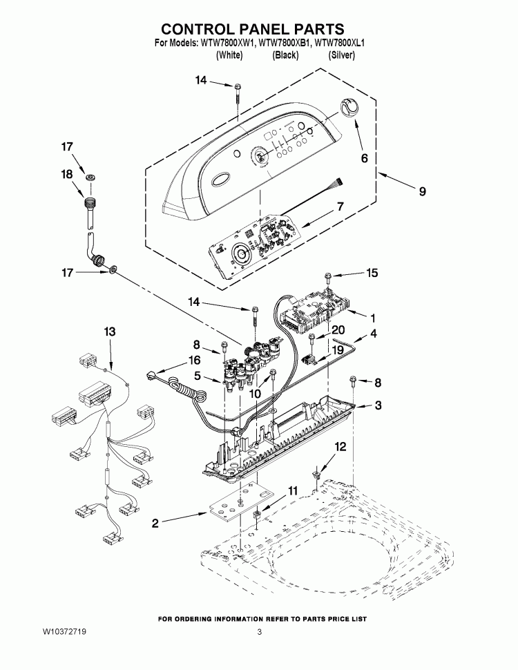 CONTROL PANEL PARTS Diagram and Parts List for WTW7800XB1  Whirlpool Washer