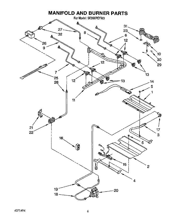 MANIFOLD AND BURNER, LIT/OPTIONAL Diagram and Parts List for SE960PEYW0  Whirlpool Range