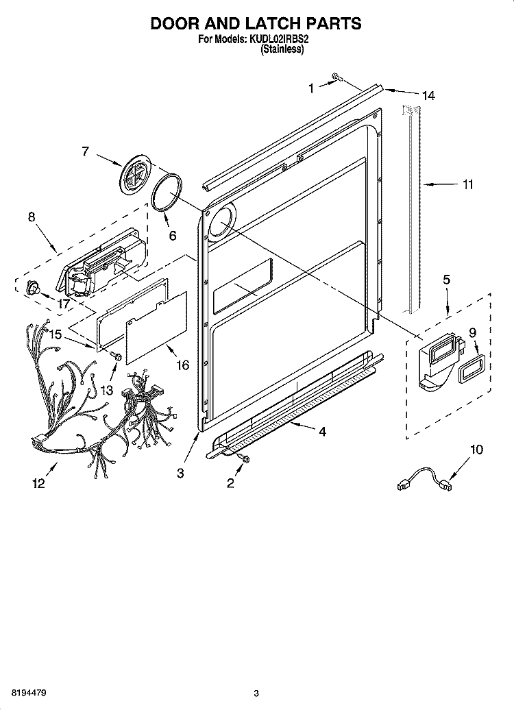 DOOR AND LATCH PARTS Diagram and Parts List for KUDL02IRBS2  KitchenAid Dishwasher