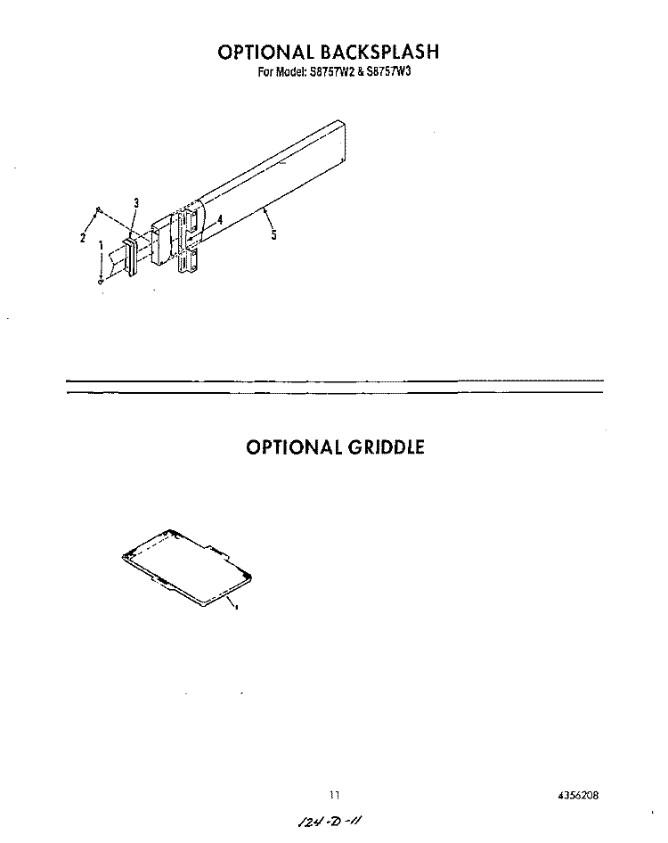 OPTIONAL BACKSPLASH , OPTIONAL GRID Diagram and Parts List for S8757^2  Whirlpool Range
