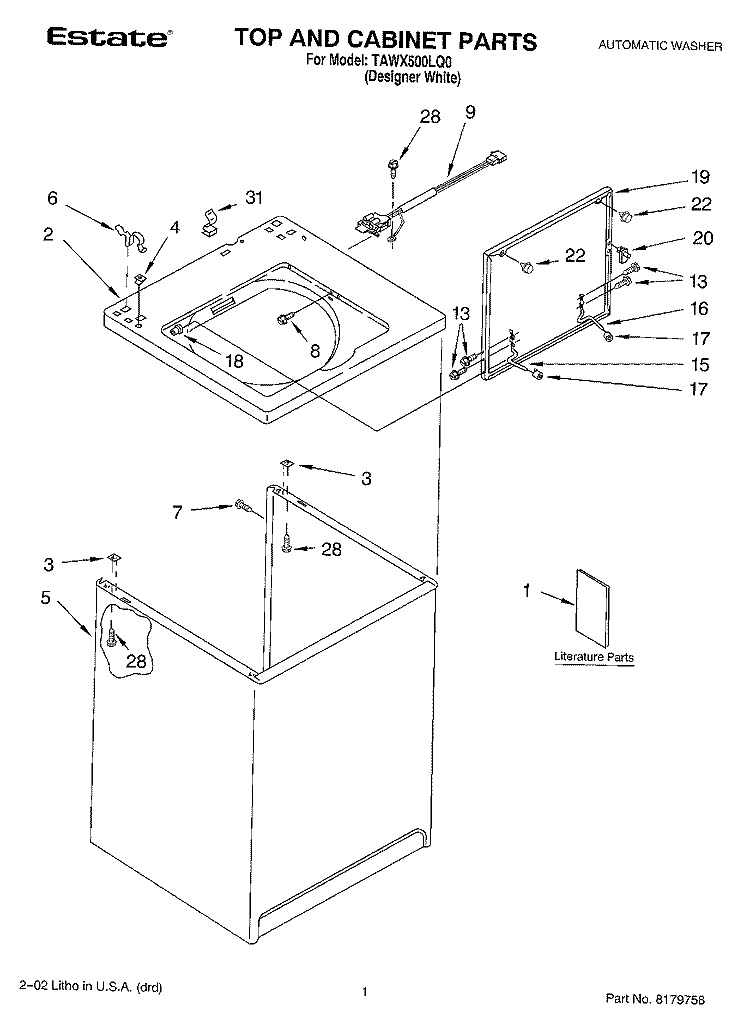 TOP AND CABINET, LITERATURE Diagram and Parts List for TAWX500LQ0  Estate Washer