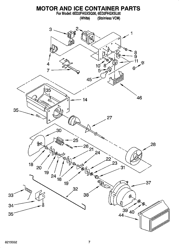 MOTOR AND ICE CONTAINER PARTS Diagram and Parts List for 6ED2FHGXSL00  Whirlpool Refrigerator