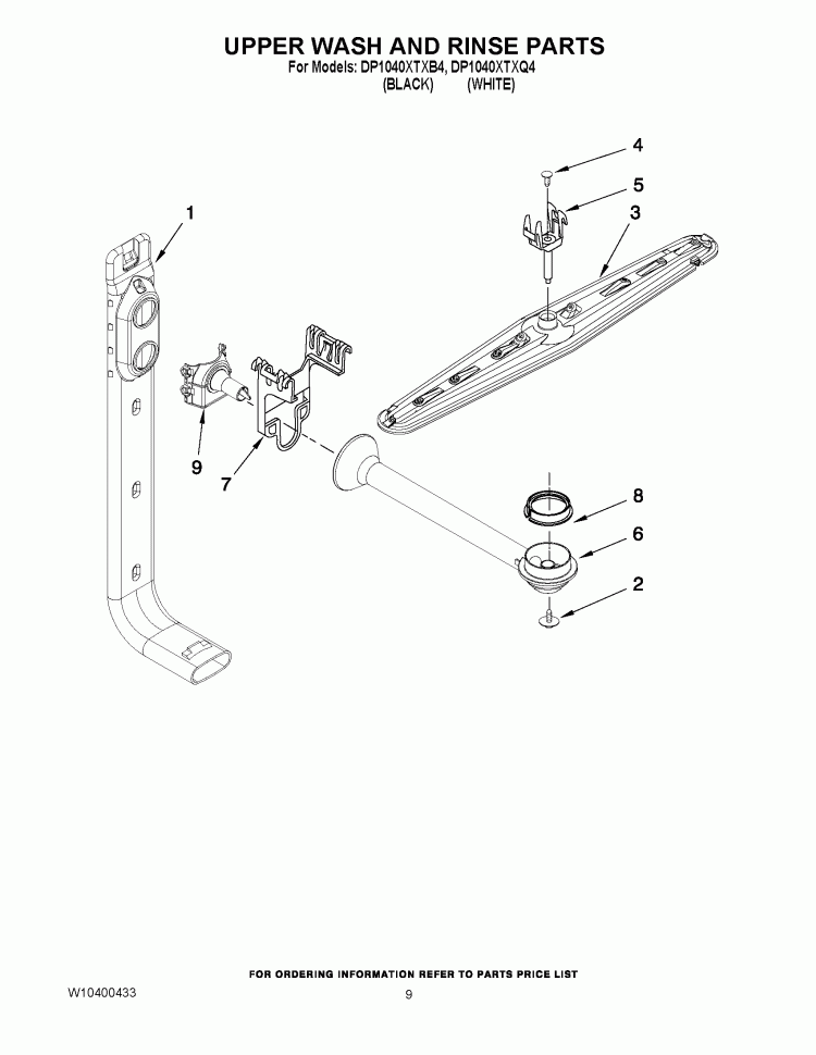 UPPER WASH AND RINSE PARTS Diagram and Parts List for DP1040XTXB4  Whirlpool Dishwasher