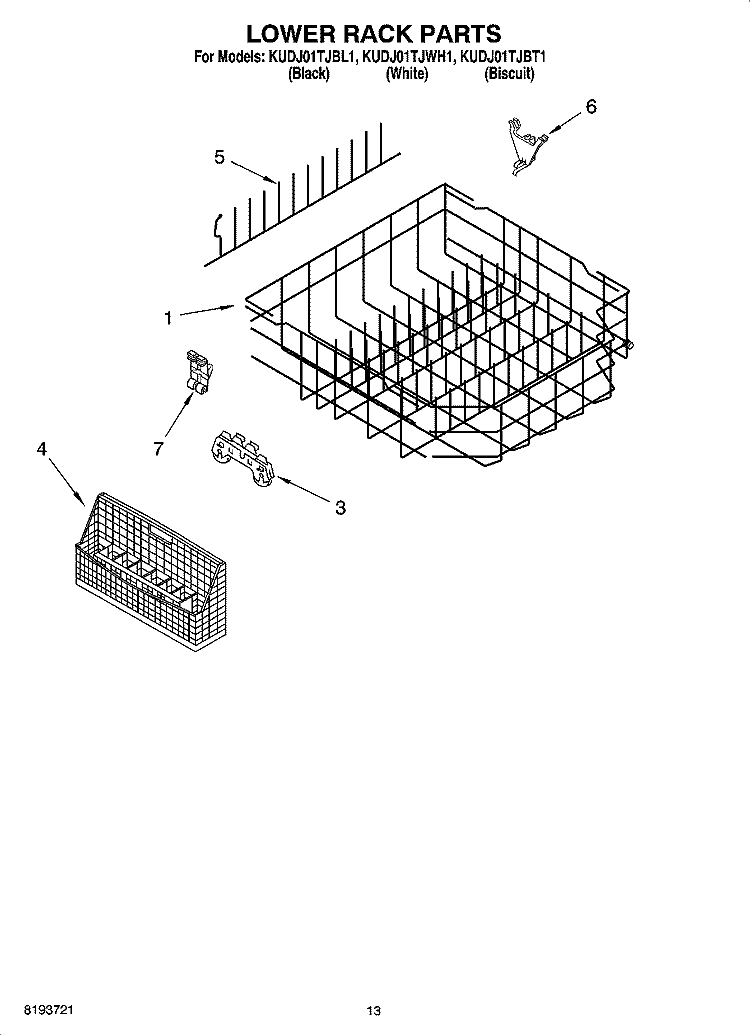 LOWER RACK PARTS Diagram and Parts List for KUDJ01TJBT1  KitchenAid Dishwasher