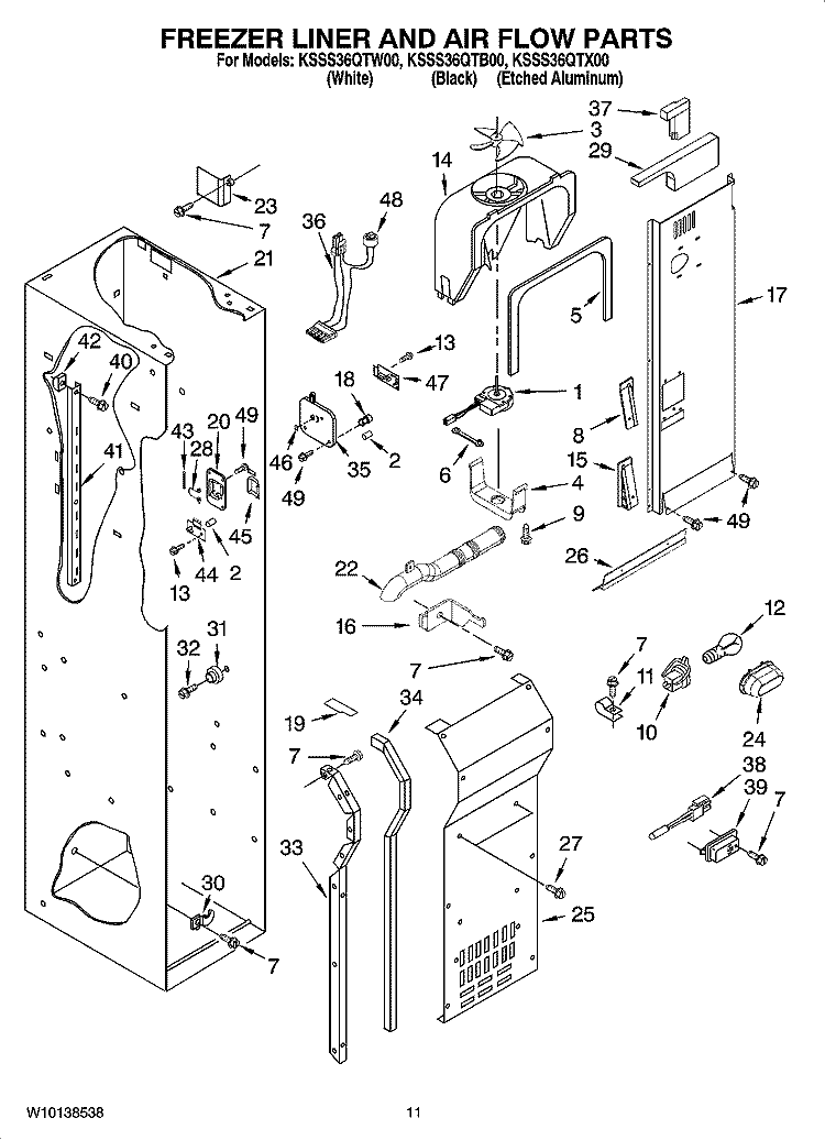 FREEZER LINER AND AIR FLOW PARTS Diagram and Parts List for KSSS36QTB00  KitchenAid Refrigerator