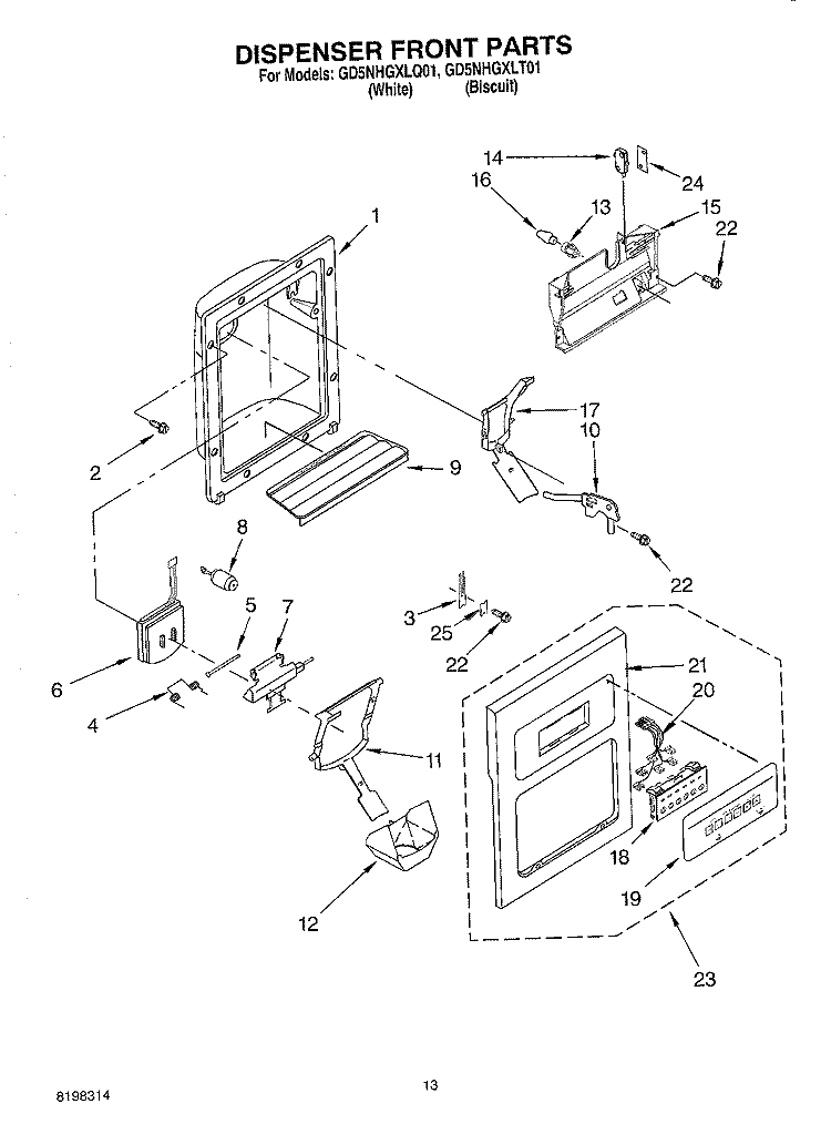 DISPENSER FRONT Diagram and Parts List for GD5NHGXLQ01  Whirlpool Refrigerator