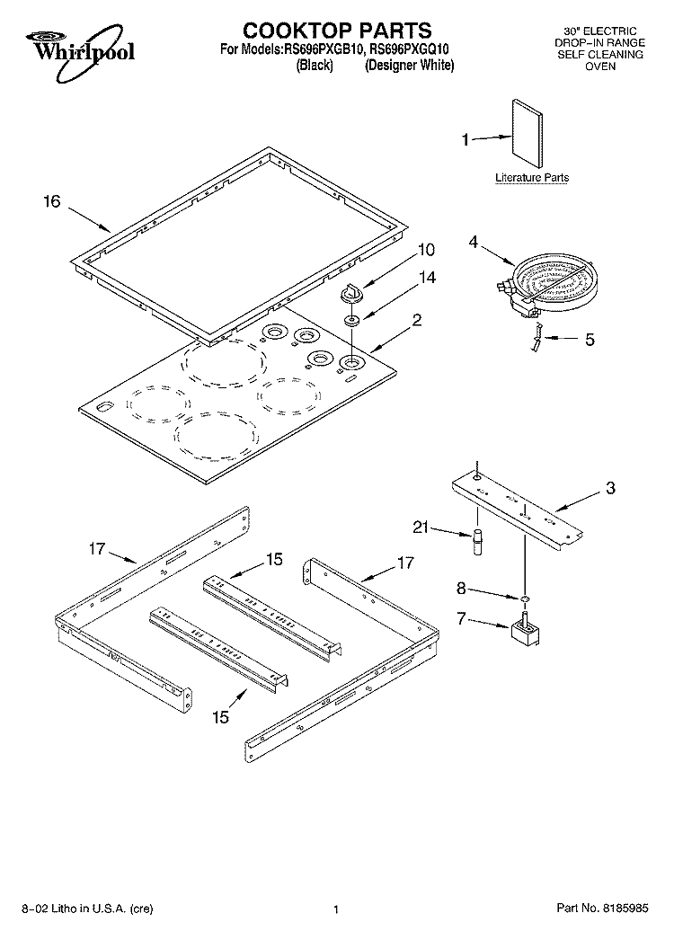 COOKTOP, LITERATURE Diagram and Parts List for RS696PXGB10  Whirlpool Range