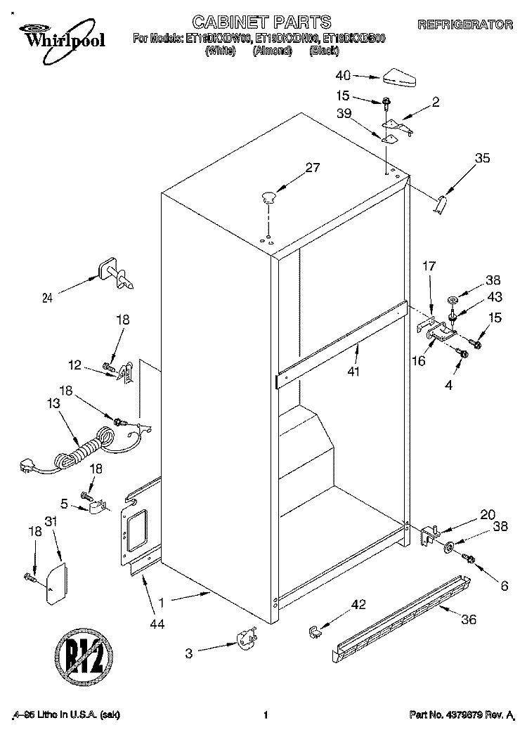 CABINET Diagram and Parts List for ET19DKXDB00  Whirlpool Refrigerator