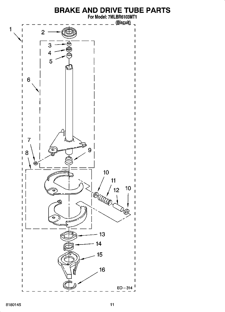BRAKE AND DRIVE TUBE PARTS Diagram and Parts List for 7MLBR6103MT1  Whirlpool Washer