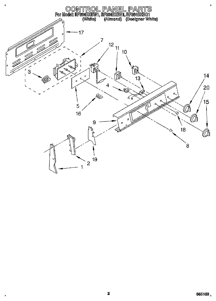 CONTROL PANEL Diagram and Parts List for RF364BXBQ1  Whirlpool Range