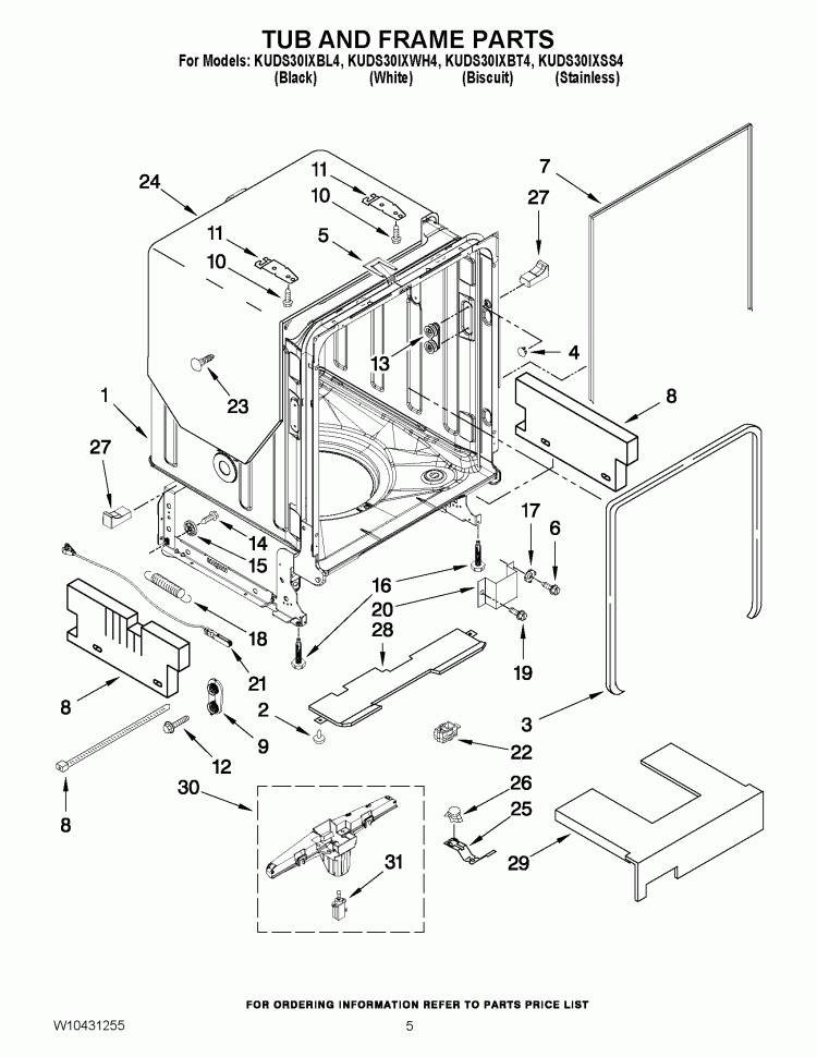 TUB AND FRAME PARTS Diagram and Parts List for KUDS30IXBT4  KitchenAid Dishwasher