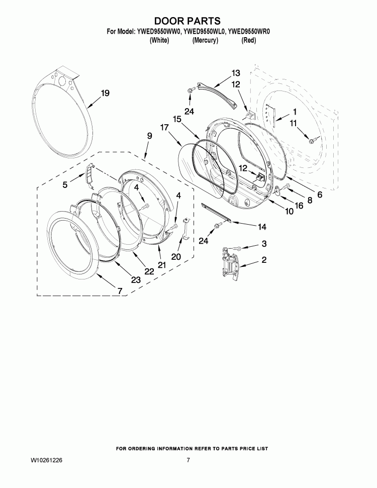 DOOR PARTS Diagram and Parts List for YWED9550WL0  Whirlpool Dryer