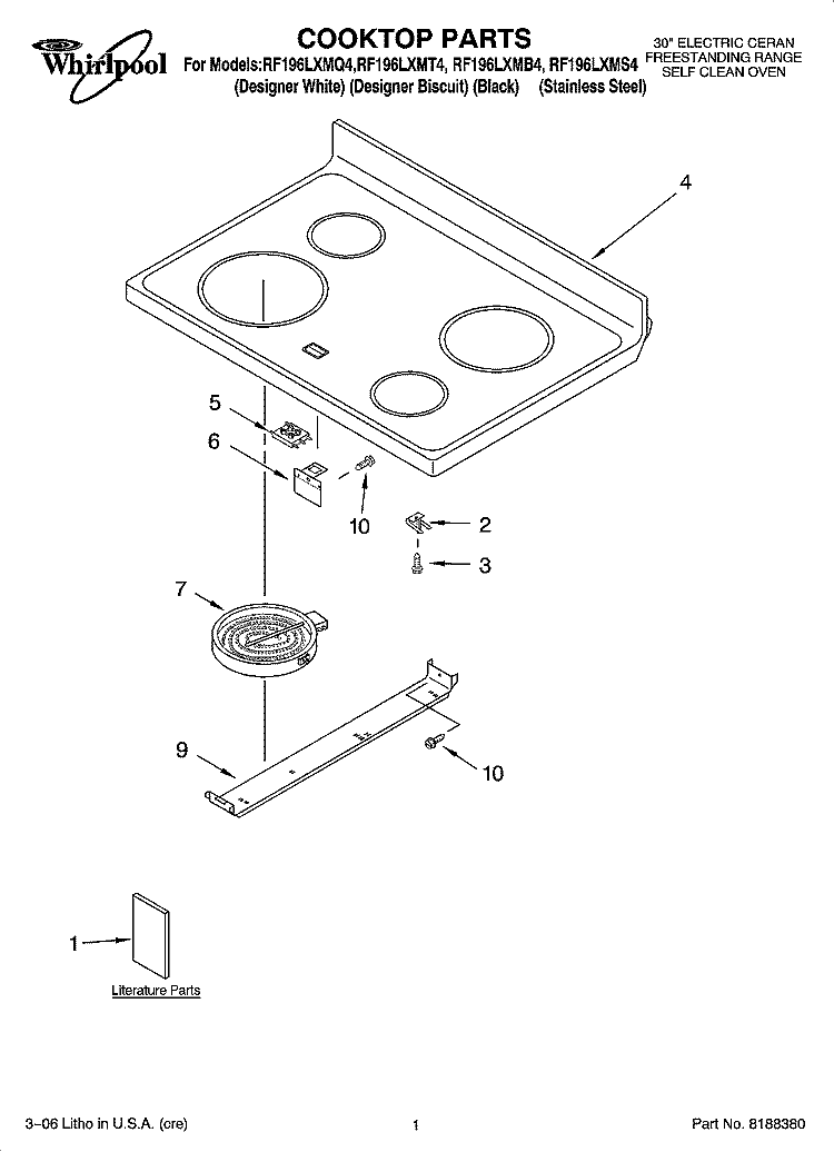 COOKTOP PARTS Diagram and Parts List for RF196LXMB4  Whirlpool Range