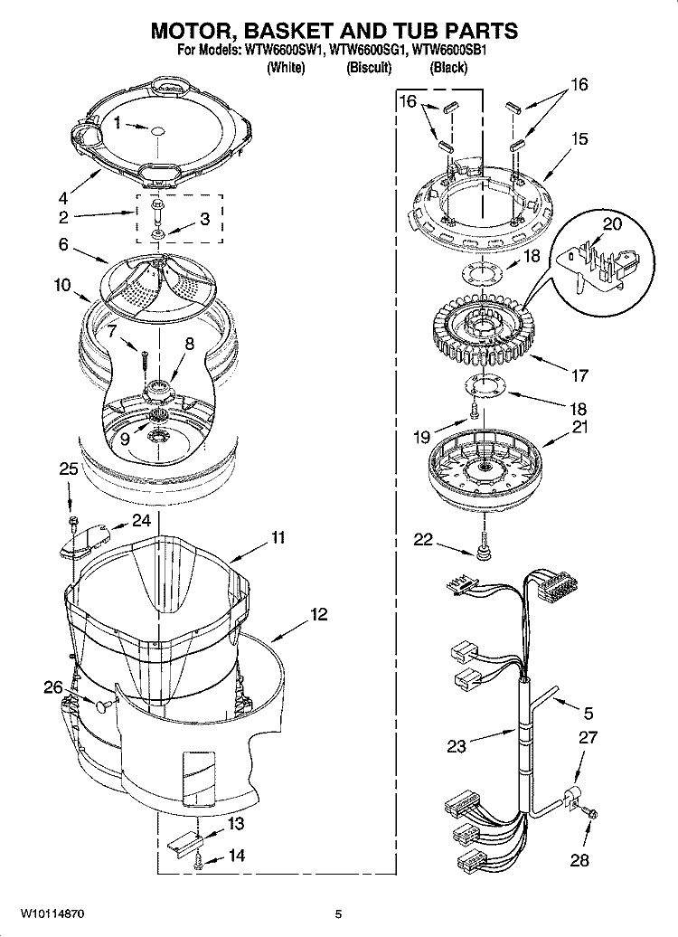 MOTOR, BASKET AND TUB PARTS Diagram and Parts List for WTW6600SW1  Whirlpool Washer