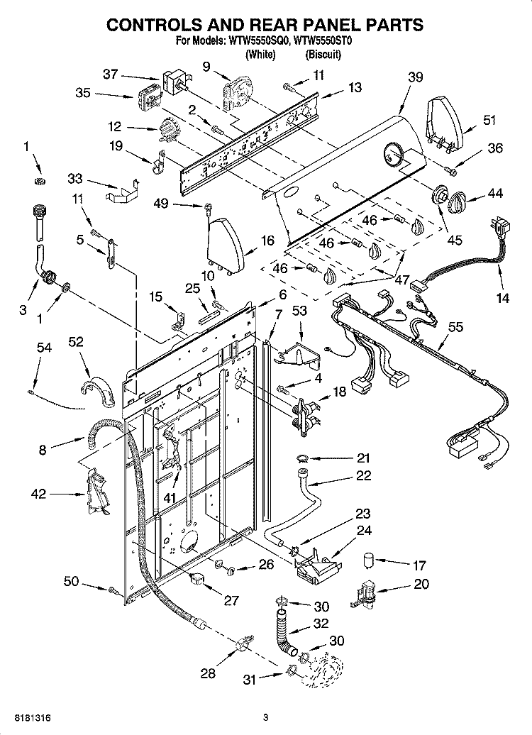 CONTROLS AND REAR PANEL PARTS Diagram and Parts List for WTW5550ST0  Whirlpool Washer