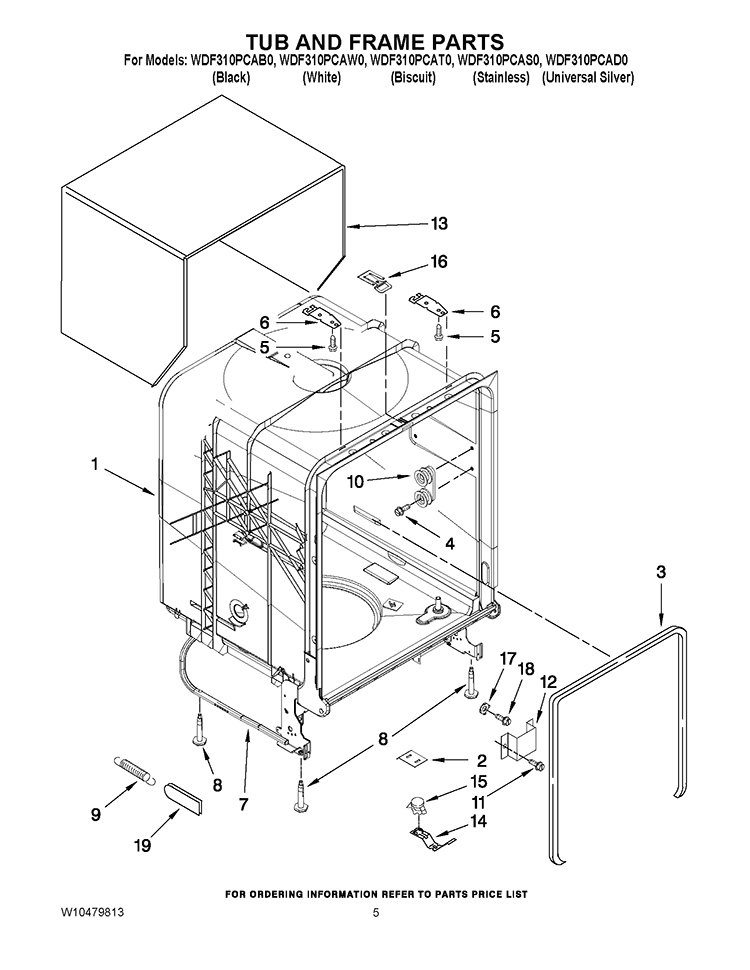 TUB AND FRAME PARTS Diagram and Parts List for WDF310PCAT0  Whirlpool Dishwasher
