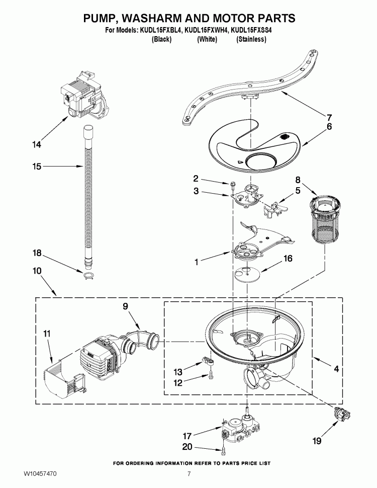 PUMP, WASHARM AND MOTOR PARTS Diagram and Parts List for KUDL15FXWH4  KitchenAid Dishwasher