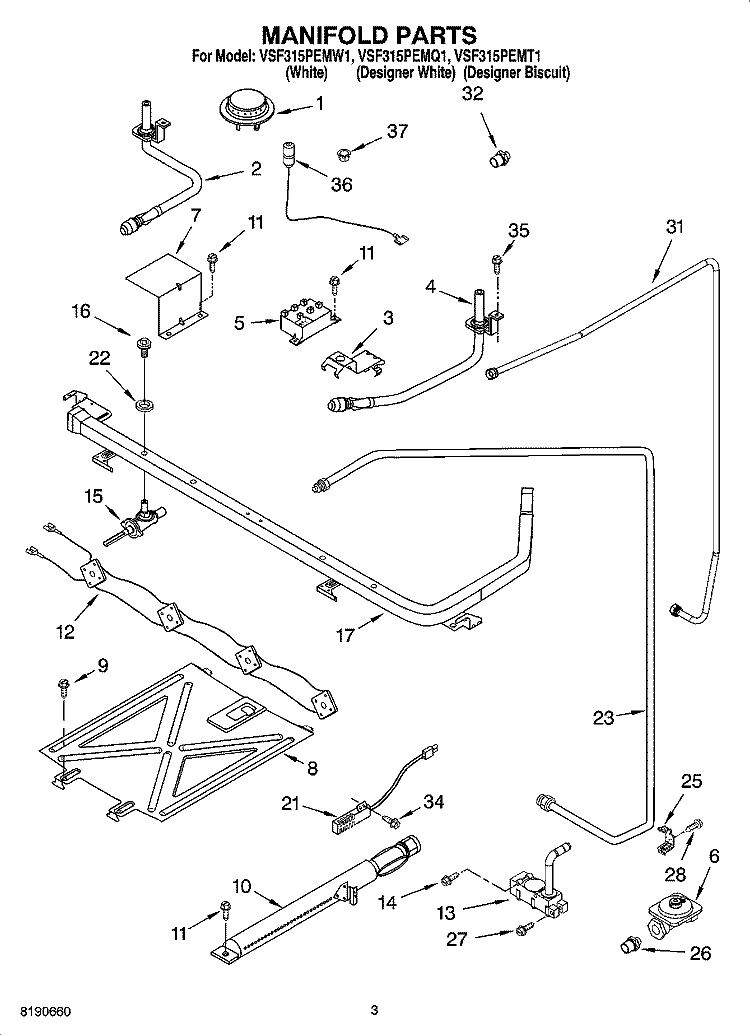 MANIFOLD PARTS Diagram and Parts List for VSF315PEMQ1  Whirlpool Range