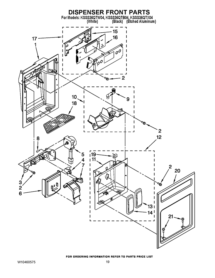 DISPENSER FRONT PARTS Diagram and Parts List for KSSS36QTB04  KitchenAid Refrigerator