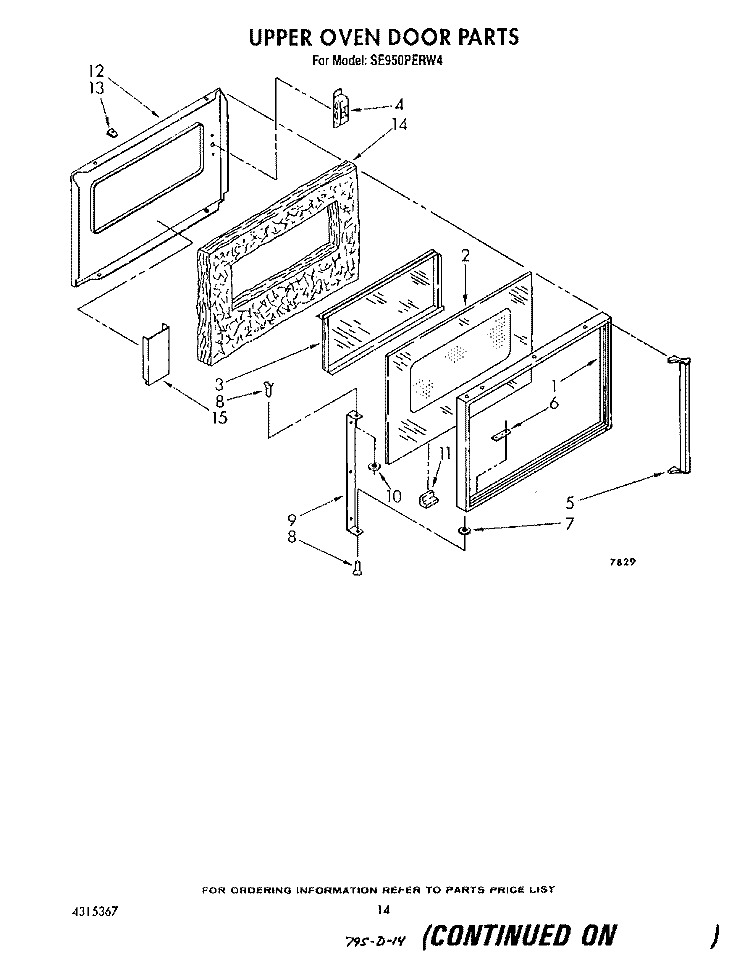 UPPER OVEN DOOR Diagram and Parts List for SE950PERW4  Whirlpool Range