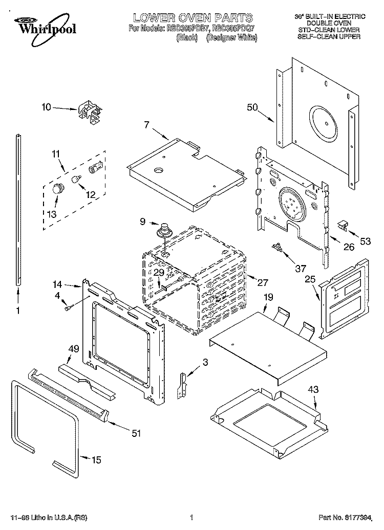 LOWER OVEN Diagram and Parts List for RBD305PDQ7  Whirlpool Wall Oven