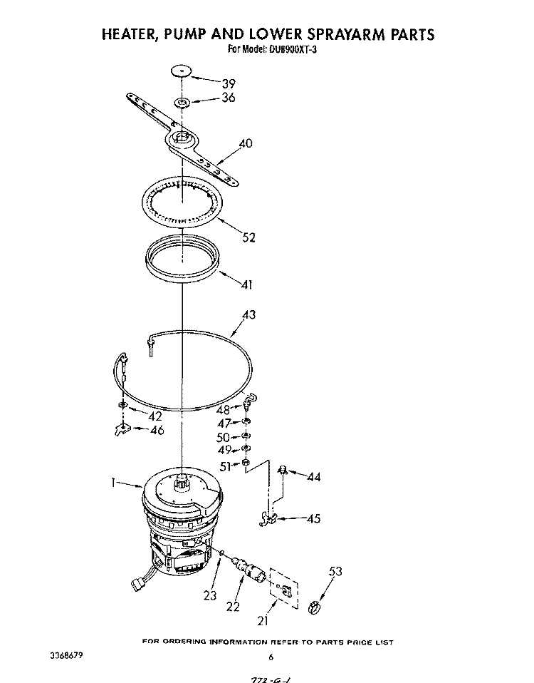 HEATER, PUMP AND LOWER SPRAY ARM Diagram and Parts List for DU8900XT3  Whirlpool Dishwasher