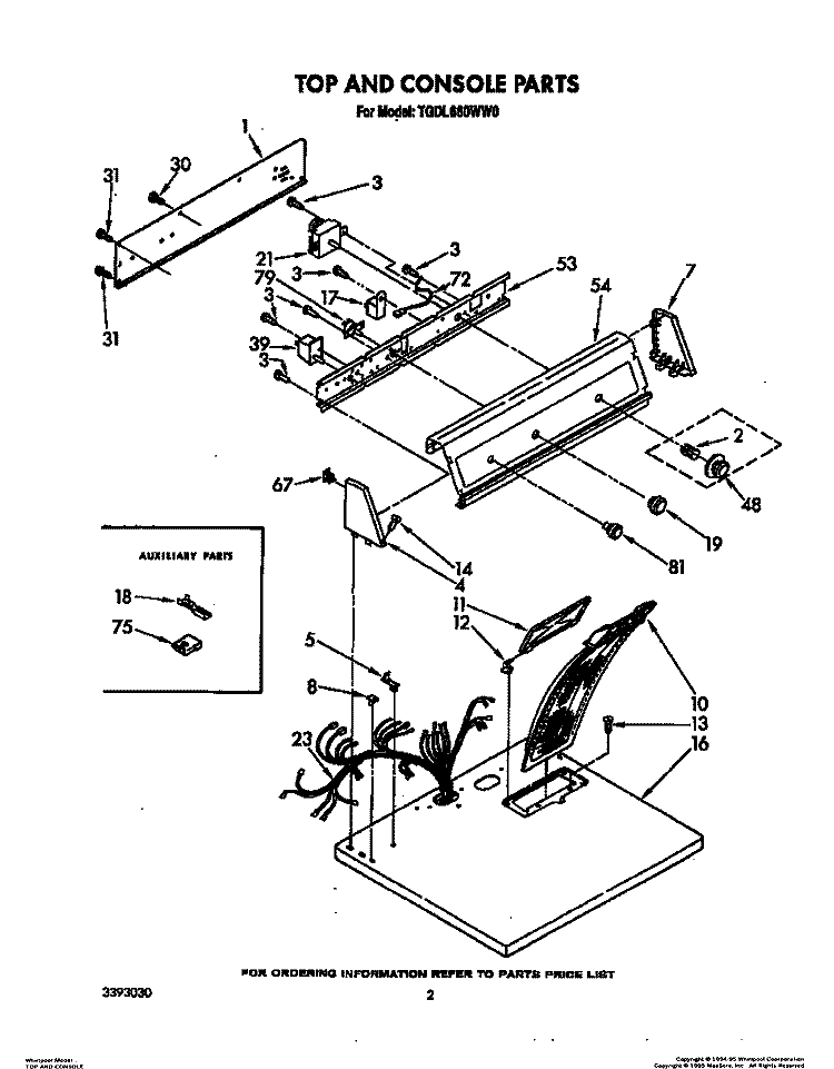 TOP AND CONSOLE, LITERATURE AND OPTIONAL Diagram and Parts List for TGDL660WW0  Whirlpool Dryer