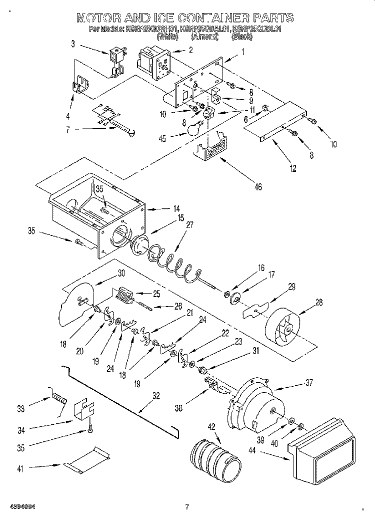 MOTOR AND ICE CONTAINER Diagram and Parts List for KSRP25QDWH01  KitchenAid Refrigerator
