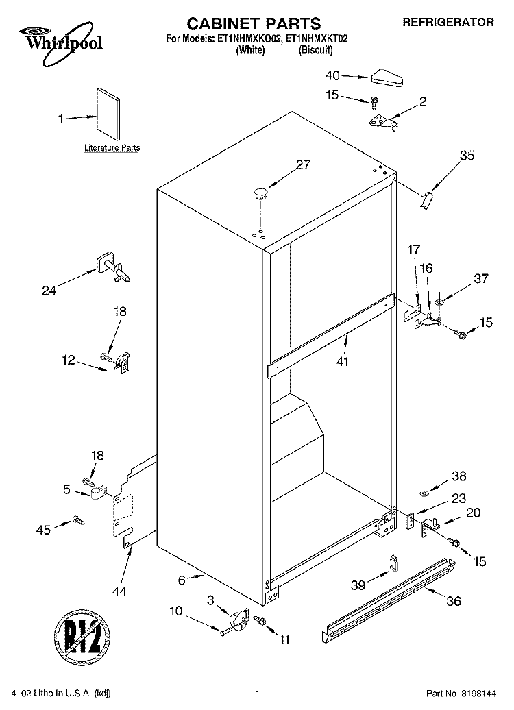 CABINET, LITERATURE Diagram and Parts List for ET1NHMXKT02  Whirlpool Refrigerator