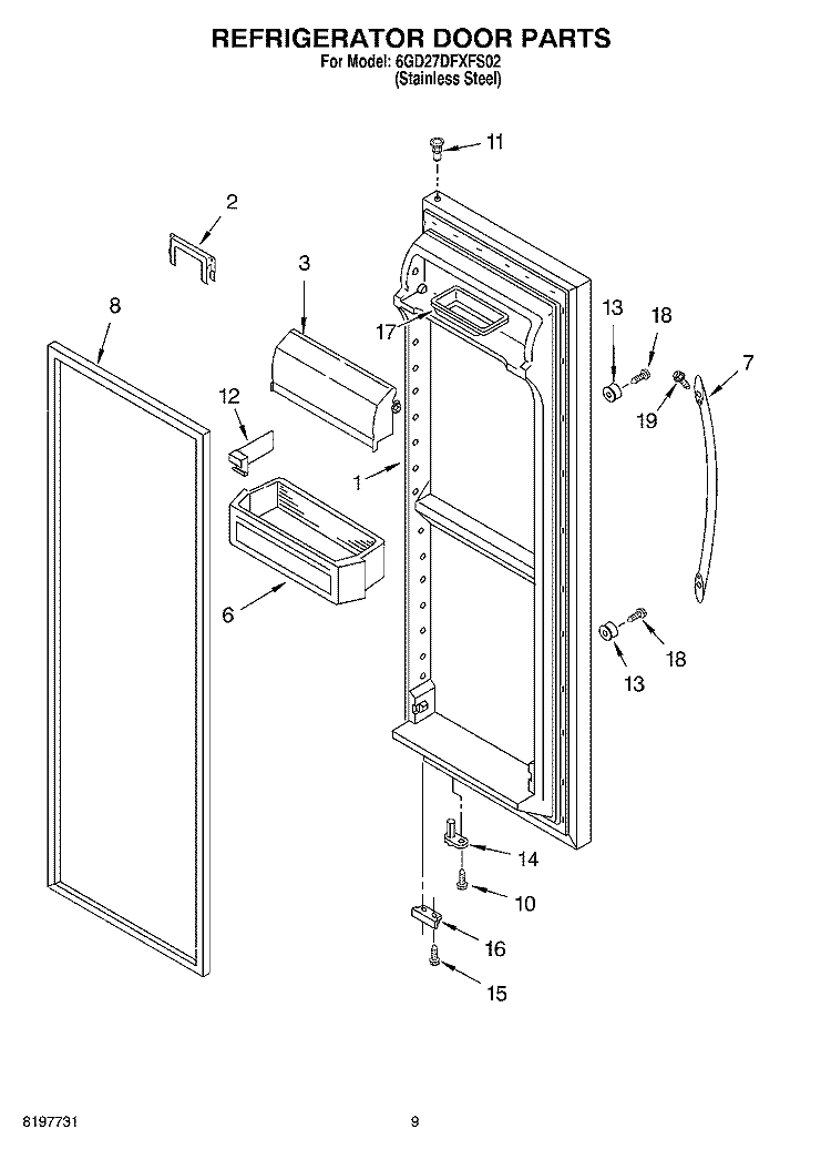 REFRIGERATOR DOOR Diagram and Parts List for 6GD27DFXFS02  Whirlpool Refrigerator