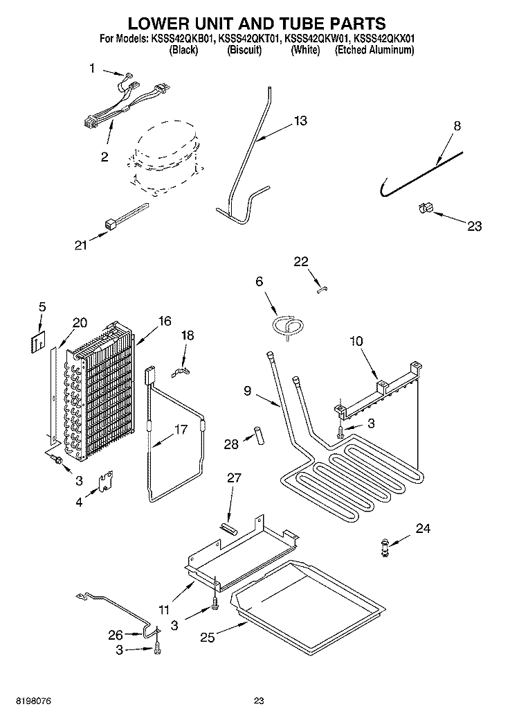 LOWER UNIT AND TUBE Diagram and Parts List for KSSS42QKW01  KitchenAid Refrigerator